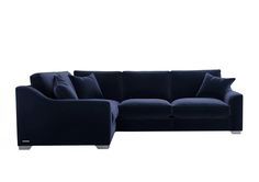 a blue sectional couch with pillows on the back and arm rests against a white background