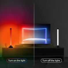 two different colored lights in front of a television