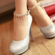 Stiletto High Heels Silver PU Party Ankle Strap Pumps Close Toed Heels, High Heels Silver, Red Wedding Shoes, Heels Silver, Silver High Heels, Hip Clothes, Platform Stilettos, Ankle Wrap, Ankle Strap Pumps