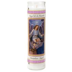 a candle with an image of the virgin mary and baby jesus