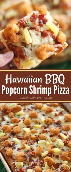 hawaiian bbq popcorn shrimp pizza on a plate with text overlay that reads hawaiian bbq popcorn shrimp pizza