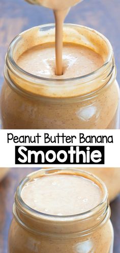 peanut butter banana smoothie in a mason jar with a spoon sticking out of it