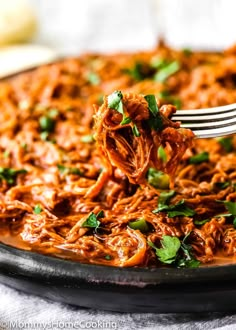 a fork full of shredded meat and garnished with cilantro