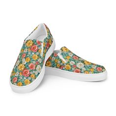 Women's Floral Design slip-on canvas shoes, Flowers Print Casual Summer Shoes Made for comfort and ease, these Women's Slip-On Canvas Shoes are stylish and the ideal piece for completing an outfit. Equipped with removable soft insoles and rubber outsoles, it's also easy to adjust them for a better fit. *  100% polyester canvas upper side *  Ethylene-vinyl acetate (EVA) rubber outsole *  Your brand on the box, insole, and tongue of the shoe  *  Breathable lining, soft insole *  Elastic side accen Casual Summer Shoes, Shoes Flowers, On Canvas, Flowers Print, Shoe Show, Slip Ons, Canvas Shoes, Summer Shoes, Summer Casual