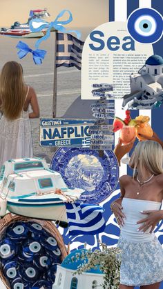 a collage of blue and white items including an eyeball sign, plates, flowers, and other things