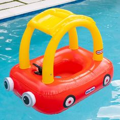 an inflatable car float floats through the pool