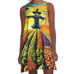 Loose-fit, mid-length sleeveless dress with silky handfeel. Printed on both sides. Machine washable. Size range XS-2XL. A.I .created print of a scarecrow dressed in a suit stands in the middle of lush vegetable fields under a vibrant sunset. The landscape stretches into the distance with rows of crops and a colourful sky filled with clouds Scarecrow Dress, Colourful Sky, Dress For Sale, The Landscape, Scarecrow, Mid Length, The Row, Dresses For Sale, A Line Dress