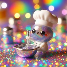 a small toy chef mixing something in a bowl on a table with colorful lights behind it