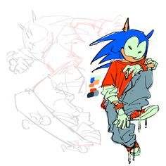 a drawing of sonic the hedgehog sitting on a stool with his arms around him