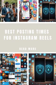 Best posting times for Instagram Reels guide with visuals of diverse people on smartphones, social media apps, and security icons. Time To Post On Instagram