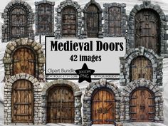 an image of medieval doors with a sign above them that says, medieval doors 42 images clipart bundle