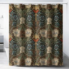 the shower curtain is decorated with an intricate floral design