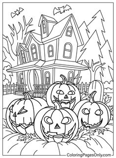 halloween coloring pages with pumpkins in front of a house and trees on the other side