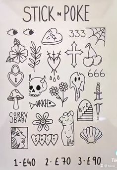 a poster with stickers on it that says stick n poke, and various symbols