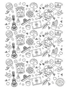 a coloring page with skulls and hearts