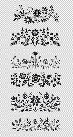 a set of floral design elements in black and white on a transparent background, with no background