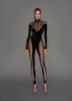 Reveal your confidence in this ultra light-weight long sleeve, mock neck velvet catsuit. The fabric stretches to contours to your body silhouette for a glove fit! Stretch Level three – lots of stretch (level one – three) Wearing Model is 5'9" wearing size XS (usual dress size 2) Composition Polyester 94% Spandex 6% Garment Care Dry Clean Only Black Catsuit Outfit, Velvet Catsuit, Catsuit Outfit, Spandex Outfits, Black Catsuit, Body Silhouette, Looks Chic, Mode Vintage, Womens Bodysuit