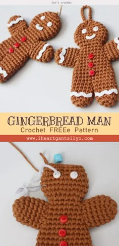 a crocheted gingerbread man ornament is shown in three different views