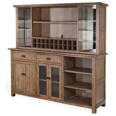 a wooden cabinet with glass doors and shelves