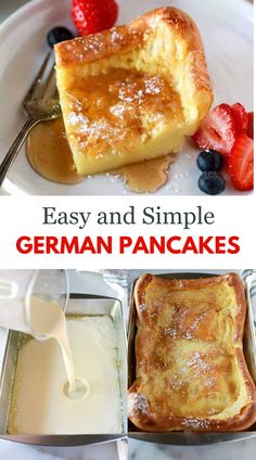 A plate of fluffy German Pancakes topped with powdered sugar and fresh berries. Easy German Pancakes, German Pancake Recipe, German Pancakes Recipe, German Pancakes, German Foods, Early Mornings, German Recipes, Dutch Baby, Goulash