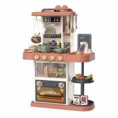 an old fashioned toy oven with lots of food on the shelves and cooking utensils