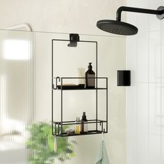 a bathroom with a shower head and shelves on the wall