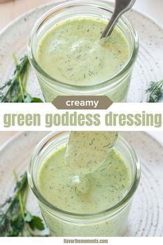 two jars filled with green goddess dressing on top of a white plate next to a spoon