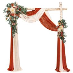 an orange and white wedding arch decorated with flowers