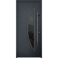 an image of a modern steel door with curved glass and metal handle on the side