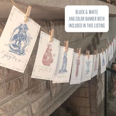 some cards are hanging on a clothes line with the caption black and white and color banner both included in this listing