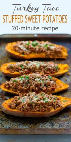 turkey taco stuffed sweet potatoes on a baking sheet with the title text overlay