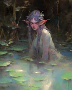 a painting of a woman in the water surrounded by lily pads and plants with horns on her head