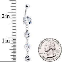 Clear CZ Gem Grade 23 Titanium Tiered Dangle Belly Ring Combine simplicity and elegance to get something as spectacular as this 14 gauge navel ring! It's made with a 7/16" solid Grade 23 implant grade titanium curved barbell with a 5mm top ball end. The bottom end is a clear cubic zirconia gem. Dangling beneath it is a a trio of clear cubic zirconia gems, each getting progressively smaller for a look of structured glamour. With so much substance and style, this belly piercing jewelry is top tier Belly Piercing Jewelry, Jewelry Promotion, Dangle Belly Rings, Tongue Rings, Navel Ring, Belly Piercing, Navel Rings, Hypoallergenic Jewelry, Belly Ring