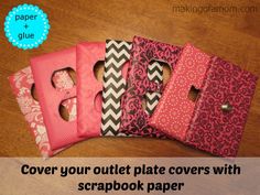 four pieces of fabric sitting next to each other on top of a wooden table with text overlay that reads cover your outlet plate covers with scrapbook paper