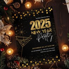 a black and gold new year's eve party flyer with pine cones, lights and decorations