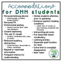 a poster with the words, accommodations for dhh students and other things to do