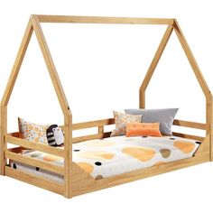 a wooden bed frame with pillows on the top and bottom, in front of a white background