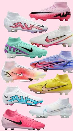 many different types of soccer shoes on a pink background