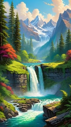 a painting of a waterfall in the middle of a forest with mountains and trees around it