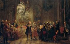 a painting of a man standing in front of a group of people with musical instruments