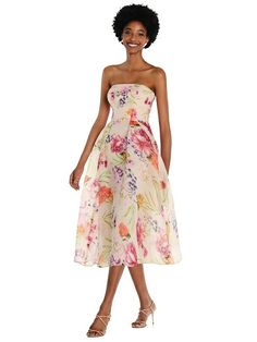 Bring springtime freshness to your look with the bold, colorful, pink floral organdy featured on this formal tea-length dress. A strapless neckline ups the sophistication while a full, pleated skirt moves beautifully whether you're strolling the gardens or twirling on the dance floor. Midi Bridesmaid Dress, Alfred Sung, Elegant Bridesmaid Dresses, Midi Dress Formal, Bella Bridesmaid, Strapless Neckline, On The Dance Floor, Strapless Midi Dress, Dress Order