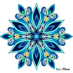 a blue and yellow flower with leaves on the petals is featured in this image, it appears to be an intricate design