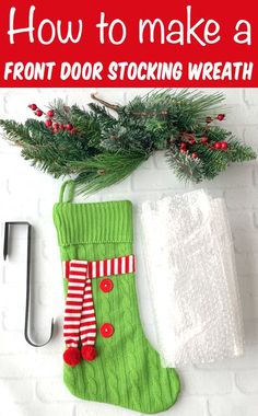 Homemade Outdoor Christmas Decorations Christmas Stocking Wreath Diy, Christmas Stocking Door Decoration, Stocking Wreaths Front Doors, Christmas Stocking Wreath, Christmas Decorations For Front Door, Homemade Outdoor Christmas Decorations, Christmas Stocking Decorating Ideas