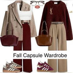 Elevate your fall wardrobe with this curated capsule collection featuring timeless burgundy and neutral beige tones. The first look highlights a structured beige blazer layered over a crisp white top, perfectly paired with tailored burgundy pants. Complete the outfit with a sleek burgundy crossbody bag and casual tan sneakers for a chic yet relaxed vibe. The second look swaps colors with a cozy burgundy sweater matched with sophisticated beige pants, accompanied by a versatile tan handbag and stylish burgundy sneakers. These coordinated pieces create an effortlessly polished capsule collection that mixes and matches seamlessly, making it easy to transition from work to weekend. Beige Pant Winter Outfit, Burgundy Top Outfit Winter, Burgundy Pants Outfit Fall, Burgundy Trouser Outfit Women, Camel And Burgundy Outfit, Burgundy Knit Sweater Outfit, Burgundy And Tan Outfit, Burgundy Work Pants Outfit, Burgundy Clothes Aesthetic