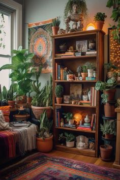 a room filled with lots of potted plants and bookshelves next to a window