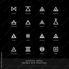 the symbols for tattoos and meaningss on a black background with white lettering - stock photo