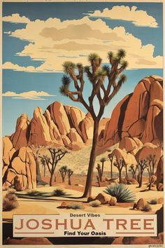 Joshua Tree, CA vintage 1950's travel poster that reads "Desert Vibes: Find Your Oasis" California Travel Poster, California Desert Aesthetic, Joshua Tree Poster, Palm Dessert, Vintage National Park Posters, Desert Poster, Desert Aesthetic, Magic Places, Tree Poster