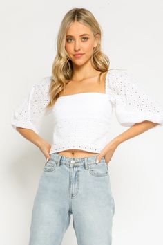 White Eyelet Crop Top - Backless Top - Puff Sleeve Top | Boho Pink Feminine Square Neck Tops For Beach, Feminine Summer Crop Top For Day Out, Spring Beach Crop Top With Square Neck, Spring Flirty Cotton Tops, Flirty Cotton Tops For Spring, Fitted Flirty Smocked Top For Day Out, Spring Fitted Flirty Smocked Top, Fitted Smocked Top In Flirty Style For Spring, Fitted Smocked Top For Spring, Flirty Style