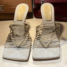 Brand New Never Worn Beige Square Toe Heels For Beach, Elegant Square Toe Beach Mules, Designer Beige Sandals With Single Toe Strap, Luxury Sandals With Wrapped Heel For Beach, Designer Wrapped Heel Heels For Beach, Designer Heels With Wrapped Heel For Beach, Designer Beige Heels For Summer, Beige Sandals With Wrapped Heel And Almond Toe, Designer Beige Mules For Summer