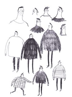 an image of people in different clothes drawn by hand on white paper with black ink